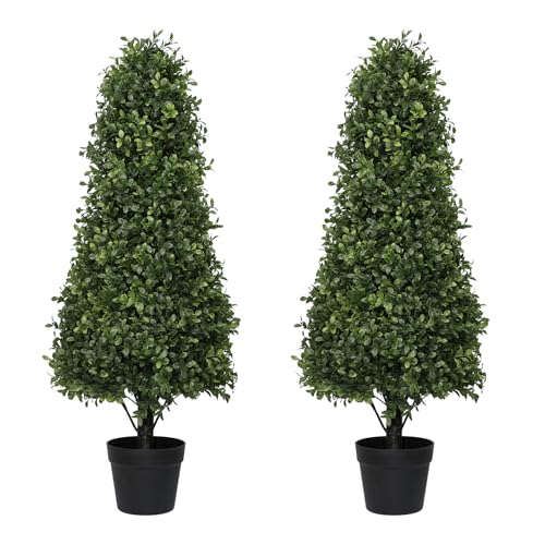 "Azoco 3ft Artificial Boxwood Topiary Trees (Set of 2) - UV Resistant Faux Plants Outdoor, Realistic 36"" Fake Cone Bushes and Shrubs for Front Porch, Planter, Patio - Low Maintenance & Evergreen"