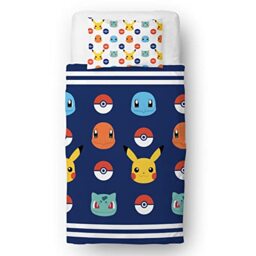 Pokemon Officially Licensed Single Kids Duvet Cover Set - Pikachu Badges Design Reversible 2 Sided Bedding with Matching Pillowcase - Character World Brands Single Bed Set