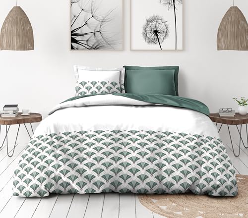 Duvet Cover Set 240 x 260 cm – 3 Pieces – Soft Cotton Percale – Duvet Cover + Pillowcases – White & Green – L'Elegant