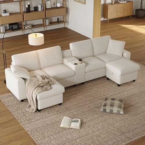 FAVSH Modular Sectional Sofa W/ 2 Movable Storage Ottomans,U Shaped Couch for Living Room,Corduroy Upholstered Sofa W/Hidden Storage Box,Charging Station & Cup holders,Beige,315 x 135 x 81 cm