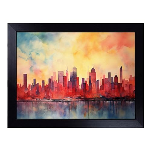 Lap Tray with Bean Bag Cushion, Skyline Watercolour - Handmade in the UK, Raised Wooden Edge, Padded Cushion, Heat-Resistant Wipe-Clean Surface, for Meals, Laptops and Crafts
