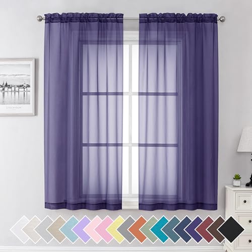 "Aiyufeng Purple Sheer Curtains 63 inches Long, Rod Pocket Sheer Curtains for Kitchen Bedroom Living Room, 40"" x 63"", 2 Panels"