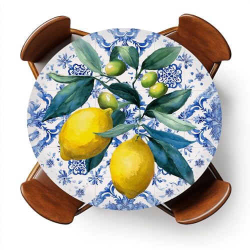 "YEYE JUICE Round Fitted Tablecloth with Elastic Outdoor Tablecloth for 45"" - 56"" Tables Waterproof Round Table Cover for Indoor Dinner, Picnic, Camping (Summer Lemon)"