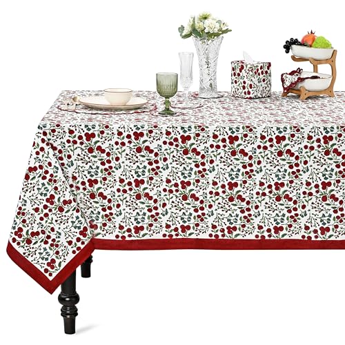 "Ridhi Garnet Red Hand Block Print Cotton Rectangle Tablecloth 108"" x 70"" inches Reusable Table Cover Decorative Everyday Use for Dining Room, Farmhouse, Home Gift for Spring, Mother's Day"