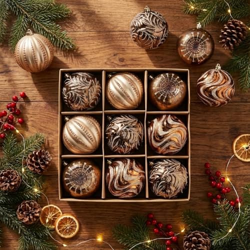 Valery Madelyn Christmas Ball Ornaments, 9ct Bronze, Copper, and Gold Shatterproof Fall Christmas Tree Decorations Set, 3.94 Inches Luxury Brown Hanging Ornaments for Xmas Trees Bulk Holiday Decor
