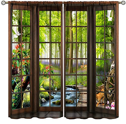 Landscape Curtains, 3D Window Spring Forest Wildlife Nature Scenery, Bedroom Living Room Blackout Thermal Curtains 2 Panel Set, 42x63 Inch
