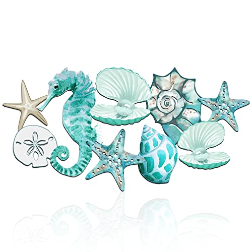 Pinkunn 15.8 x 8.3 Inch Metal Beach Wall Decor Hanging Sea Shell Conch Metal Decor Starfish Coastal Bathroom Nautical Theme Ocean Room Decor for Home Pool Living Room Bedroom Outdoor Art Decoration