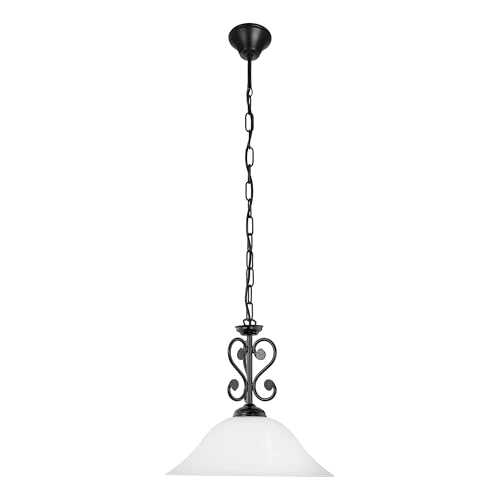 Eglo Pendant Light Murcia, 1-Light Hanging Lamp Vintage, Rustic, Steel Pendant in Black, White Alabaster Glass, Dining Table Lamp, Hanging Living Room Light with E27 Socket