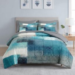 WeCozy 7 Pcs King Size Comforter Set with 2 Pillowcases & 2 Shams, Teal Grey Painting Bedding for Kids and Adults, Contemporary Blue Turquoise Gray Bed in a Bag with Flat Fitted Sheet