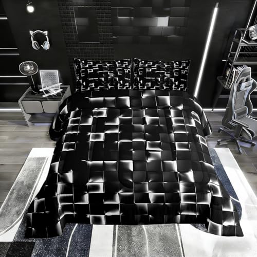 Erosebridal Geometric Checkered Comforter Full Size Neon Black White Comforter Set for Kids Teen Men Gamer Room Decor,Abstract Ombre Plaid Bedding Set Geometry Grids Quilt Duvet