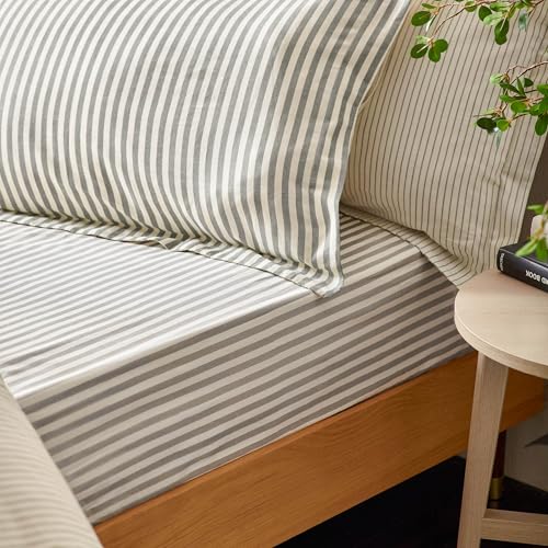 Furn. Yard Hebden 100% Cotton Striped Fitted Bed Sheet – Soft Textured Mélange Design (Grey – King)