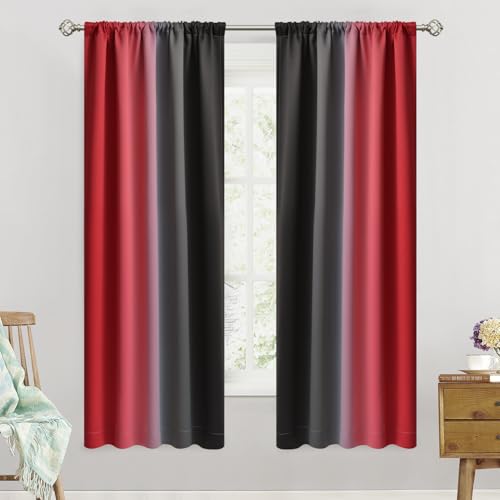 SimpleHome Red and Black Ombre Rod Pocket Curtains for Bedroom,52Wx63L - Room Darkening Curtains for Bedroom,Gradient Light Blocking Curtain,Thermal Insulated Window Drapes,2 Panels,63 Inch