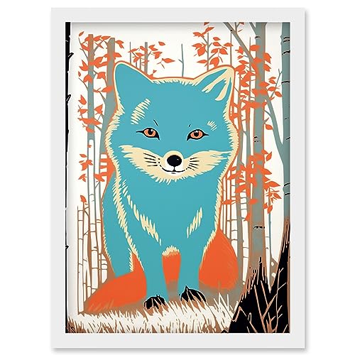 Artery8 Cute Blue Fox Forest Glade Landscape Bright Woodland Baby Animal Kids Bedroom Artwork Framed Wall Art Print A4