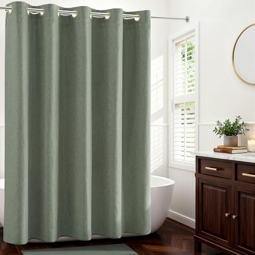 River Dream Linen Textured No Hooks Shower Curtain with Liner,Green,71x74 - with Snap-in Liner,Heavy Duty Fabric,Quick Dry,Bottom Magnets,Water-Repellent,Washable,Farmhouse Bathroom Set