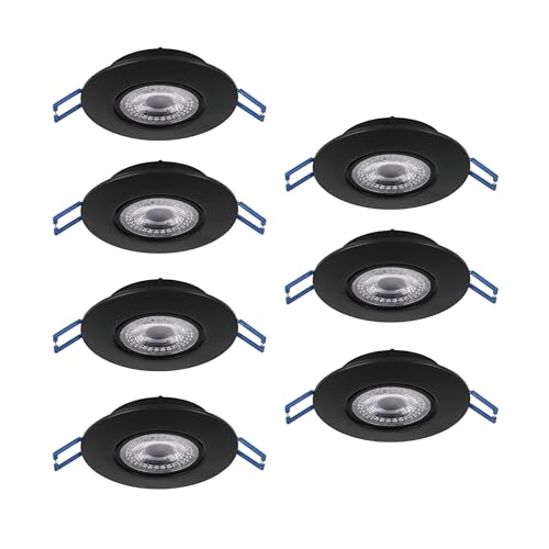 Eglo Set of 7 LED recessed spotlights Cedrez, Ø 9 cm, Ultra-Flat Ceiling Spots, Lights with Dip Switch, Black Plastic, Warm White, Neutral Cool White