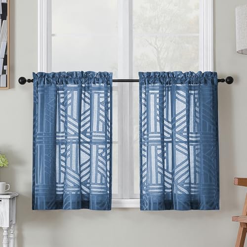 Simplebrand Semi Sheer Dusty Blue Curtains 30 Inch Length 2 Panels, Geometric Jacquard Clip Textured Short Sheer Curtains for Bedroom???Modern Elegant Window Curtains Panels/Drapes/Treatment, 30x30 inch