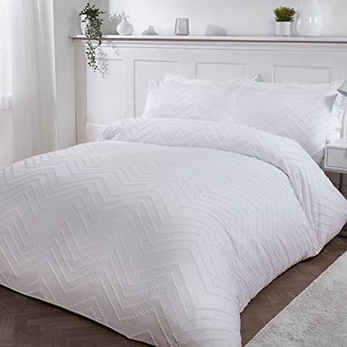 Sleepdown Tufted Wave Stripe Nordic Geo White Soft Cosy Easy Care Luxury Duvet Cover Quilt Bedding Set with Pillowcases - King (230cm x 220cm)