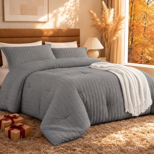 Quataly Grey Full Comforter Set - 3 Pieces Seersucker Lightweight Bedding Comforter Sets (1 Soft Fluffy Comforter & 2 Pillowcases) - All Seasons Cozy Modern Bed Sets for Women Men