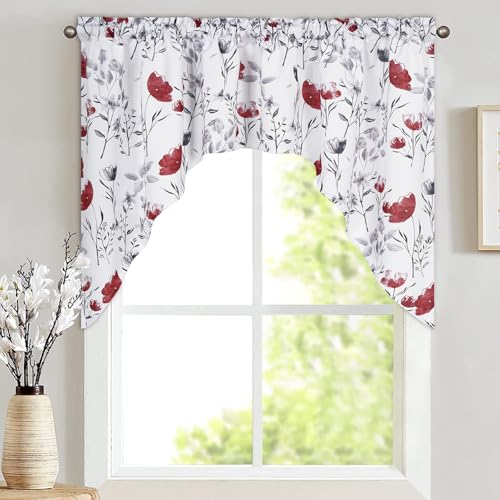 Likiyol Floral Swag Curtains Watercolor Flower Leaves for Kitchen Swag Curtain, Red and Gray Swag Valances, Rod Pocket Small Window Curtain for Cafe Bathroom Bedroom Drapes