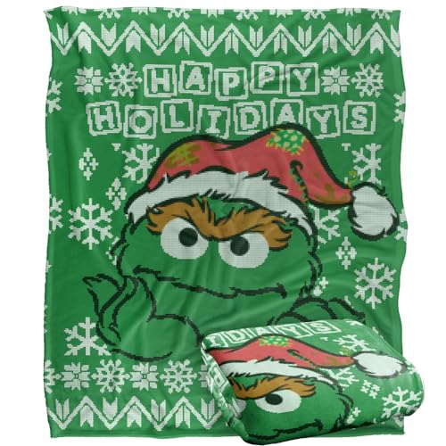 Sesame Street Oscar The Grouch Ugly Christmas Sweater Silky Touch Super Soft Throw Blanket 152 X 127 cm, White