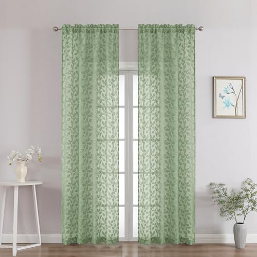 "Chyhomenyc Sage Green Sheer Curtains 90 Inch Length 2 Panels Set, Light Filtering Tufted Textured Soft Airy Rod Pocket Gentle Leaf Window Treatment Drapes for Bedroom Living Room, 42"" Wx90 L, 2PCS"