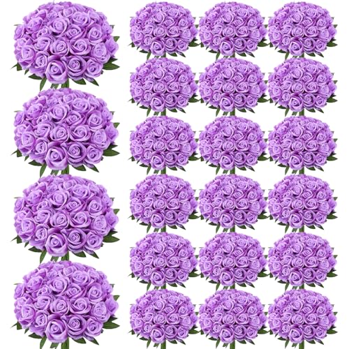 Ovveroche 150 Pcs Artificial Roses Long Stem Silk Flowers Purple - Fake Rose Petals Realistic Look Bridal Bouquet Centerpieces Home Party Table Decor Romantic Gift
