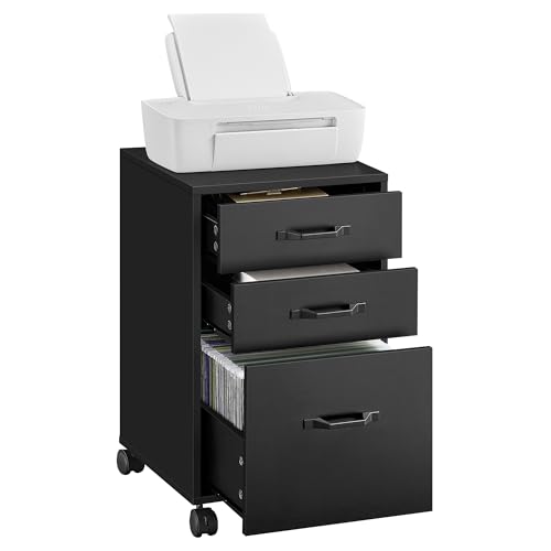 VASAGLE File Cabinet with 3 Drawers, Rolling Office Filing Cabinet with Wheels, for A4, Letter Sized Documents, Hanging File Folders, Industrial, Ink Black OFC065B16