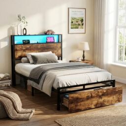 39F Furniture Dream Metal Single Bed Frame with LED Light Strip, Storage Drawer, 3 USB Charging Ports, Black & Walnut, 3FT (90x190cm), Modern Sturdy Bed for Adults & Teenagers