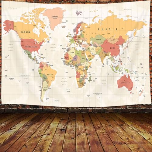 JAWO Educational Tapestry for Kids and Students - Countries and Major Cities Wall Hanging, Asia Europe South America Africa Japan Topography - 48x36 Inch (Yellow)