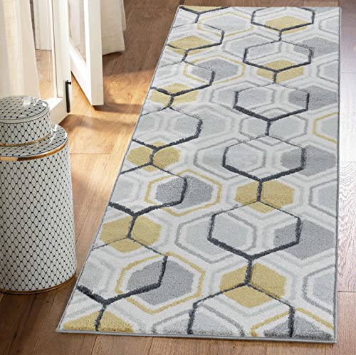 "Serdim Rugs Modern Living Room Geometrical Hexagon Design Hand Carved Area Rugs, polypropylene, Grey, 60x230cm(2'x7'7"")"