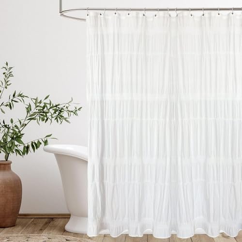 Seasonwood 78inch Long White Shower Curtain Farmhouse Shower Curtain Rustic Striped Cotton Blend Fabric Shower Curtains Heavy Weighted Bathroom Decor