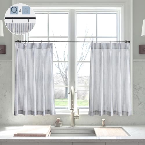 LIMON HOME Curtains 40 inch Length for Smll Window,Navy Striped Pinch Pleat Curtains,Privacy Dorm Curtains 2 Panels Set,Free Hooks and Rings