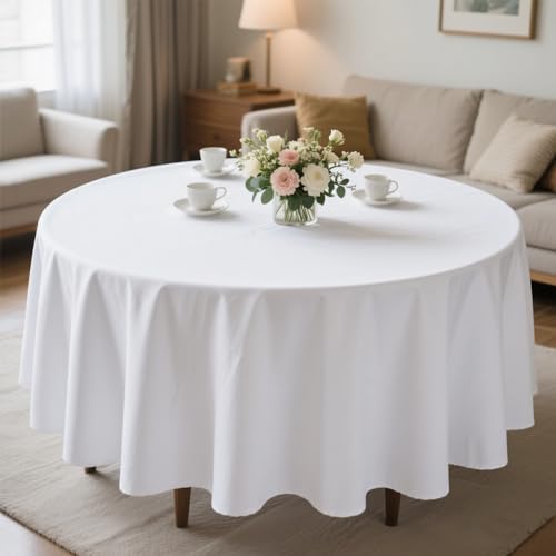 MRJ Round Tablecloth 90 Inch Water Resistant Wrinkle Free Polyester Table Cloth White Fabric Table Cover for Buffets Parties Picnics
