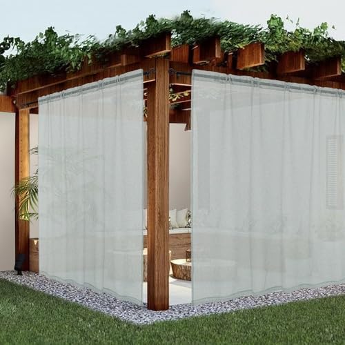 youleyar Sheer Outdoor Curtains for Patio Waterproof 2 Panels Linen Look Rod Pocket Indoor Grey Voile Curtain for Living Room, Bedroom, Porch, Pergola, Cabana, Gazebo(100x84 Inch, Grey)