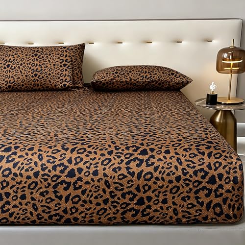 "mixinni 100% Soft Microfiber Leopard Pattern Fitted Sheet Bed Sheet Set 15"" Deep Pocket Full Size-1 Fitted Sheet+2 Pillowcases"