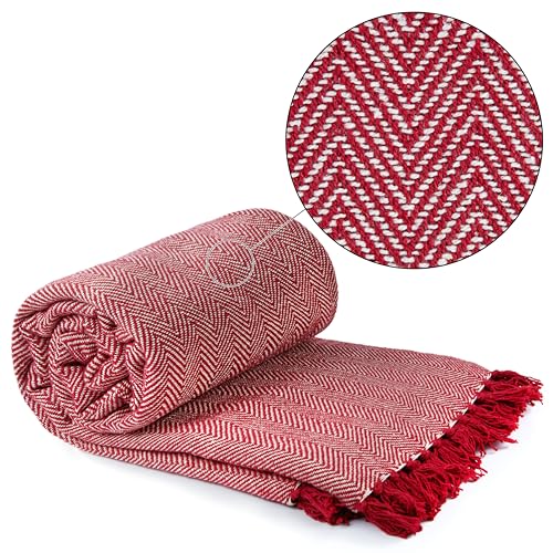 Emma Barclay Herringbone - Recycled Cotton Patterned Chair Sofa Setee Bed Throw Over Blanket in Red - 90x100 (228x254cm)