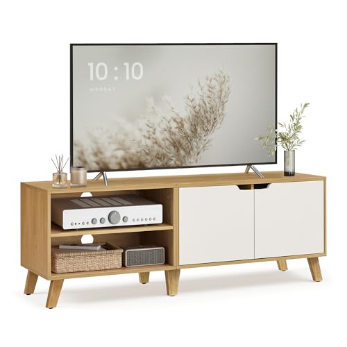 VASAGLE TV Cabinet, 140 cm Long TV Stand with 2 Doors, Adjustable Shelves, for TVs up to 60 Inches, TV Table, for Living Room, Dining Room, Bedroom, Straw Yellow and Cream White LTV027N01