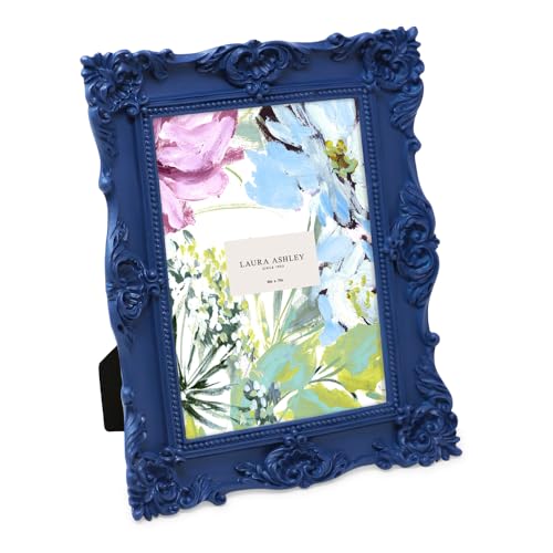 Laura Ashley Ornate Textured Hand-Crafted Resin Picture Frame with Easel & Hook for Tabletop & Wall Display, Decorative Floral Design Home Décor, Photo Gallery, Art, More (5x7, Navy)