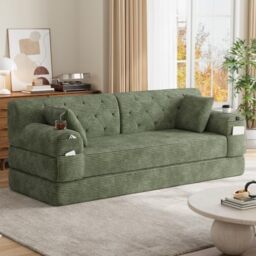 Ball & Cast Folding Sofa Bed 208cm King Size, Convertible Modular Sofa, Corduroy Boneless Couch with Metal Frame, 3 Seater Floor Futon Mattress, Non Slip Base, Washable Cover,Black