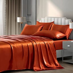 Pothuiny Luxury Silky Satin Bed Sheets King Bedding Set, Burnt Orange - King Size, 1 Fitted + 1 Flat Sheet + 4 Pillow Cases