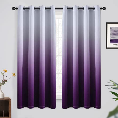 Yakamok 63 Inch Long Ombre Curtains,Thermal Insulated Light Blocking Greyish White to Purple Gradient Color Curtains, Room Darkening Grommet Window Drapes for Bedroom/Living Room(2 Panels,52W x 63L)