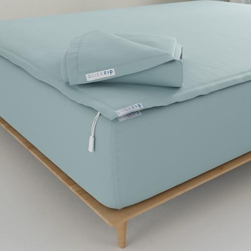 "Sateen, Fitted Plus Spare Bundle, Queen, Dusty Blue - Includes 1 Fitted Sheet (Base + Zip Sheet) & 1 Zip Sheet ??? Easy to Change, Won???t Pop Off, Soft 400 TC, Fits up to 16"" Deep"