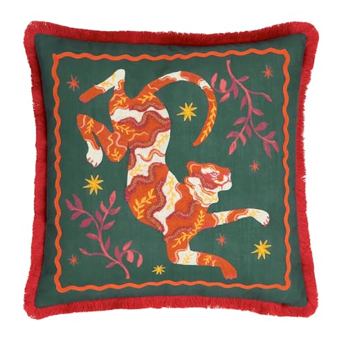 furn. Les Animaux Tigeress Cushion Cover – Colourful Tufted Tiger Fringe Trim Decorative Case (Emerald – 45x45cm)