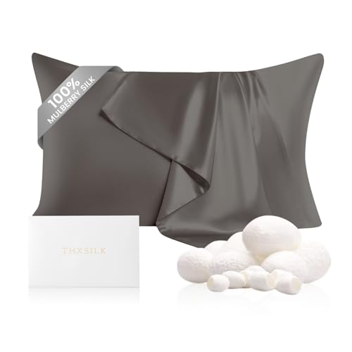 "THXSILK 100% Mulberry Silk Pillowcase for Hair and Skin, Both Sides 22 Momme Pure Natural Silk Pillowcases, Soft Breathable Zipper Pillow Cases Queen Size 20""x30"", Dark Grey"