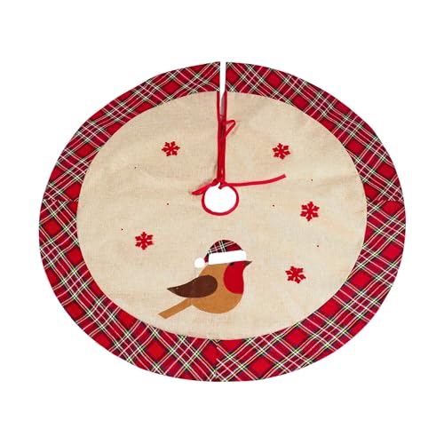 86cm Robin Christmas Tree Skirt, Burlap Hessian Linen Xmas Tree Base Cover with Snowflake Printed Design, Hook and Loop Fastening, Decorative Floor Mat for Holiday Home and Festive Decorations