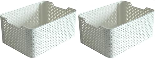 CURVER Style Rattan Effect Kitchen, Living room, Bathroom, Bedroom, Utility Small Rectangular Storage Basket 6 Litres - White (Pack of 2)