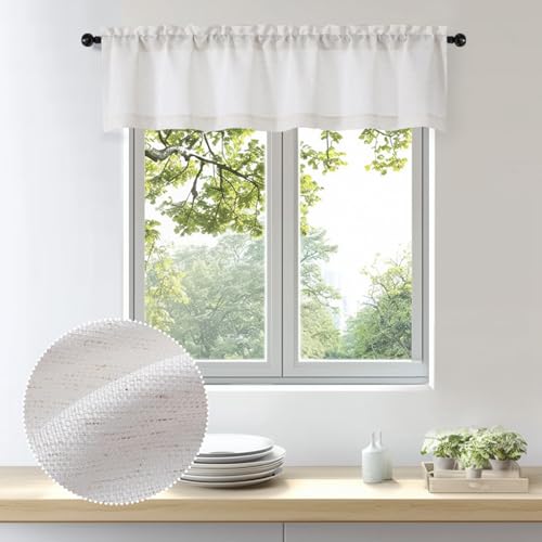 OWENIE Bob 1 PCS Natural Valances for Windows, Faux Linen Textured Kitchen Window Curtains Valance for Bedroom Living Room, Modern Soft Airy Solid Rod Pocket Bathroom Cafe Curtain, 60Wx14L Inch
