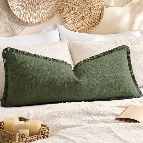 Kevin Textile 14x36 Inch Long Lumbar Pillow Cover 1 Pack Boho Fringe Decorative Rectangle Cushion Case with Tassels Neutral Cotton Woven Textured Farmhouse for Living Room Couch Sofa Bed, Olive Green