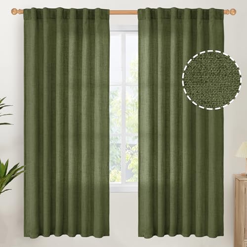 YoungsTex Olive Green Linen Semi Sheer Curtains 72 Inch Length for Living Room, Light Filtering Drape Rod Pocket Back Tab Window Treatment for Bedroom Dining, 2 Panels, 52 X 72 Inch