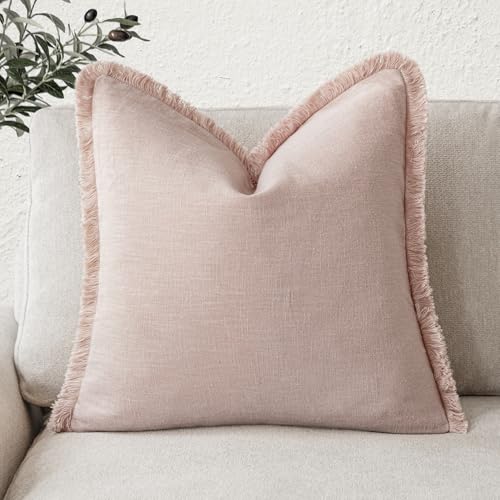 Foindtower Decorative Linen Fringe Throw Pillow Covers Cozy Boho Farmhouse Cushion Cover with Tassels Soft Accent Pillowcase for Chair Sofa Bed Living Room Home Decor, 22??22 Inch, 1PC,Light Pink